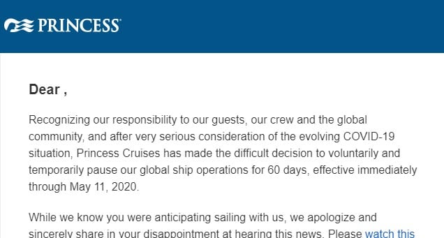 Letter to Princess Guests About Cancellations